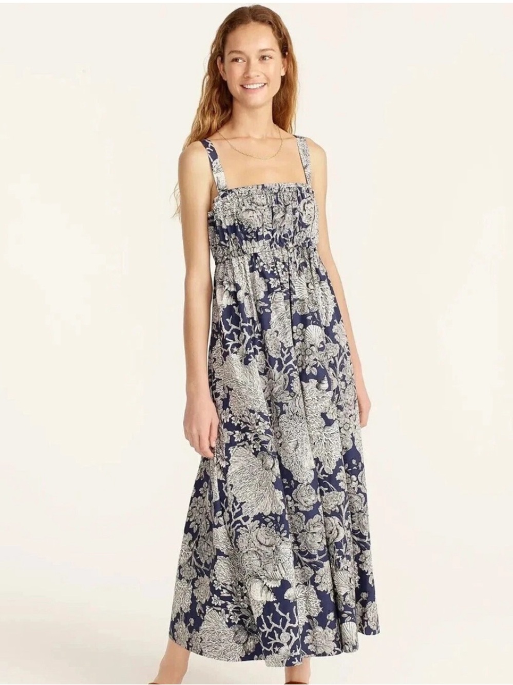 J.Crew Collection Gathered Tank Midi in Navy Ratti® Seashell Print Dress 0